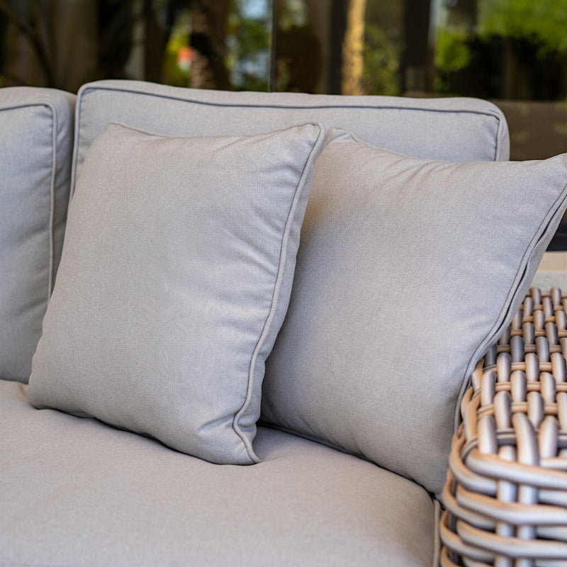 OUTSY Anna LUX 4-Piece Outdoor Wicker Aluminum Frame Furniture Set with Wood Coffee Table in White Grey - throw pillows
