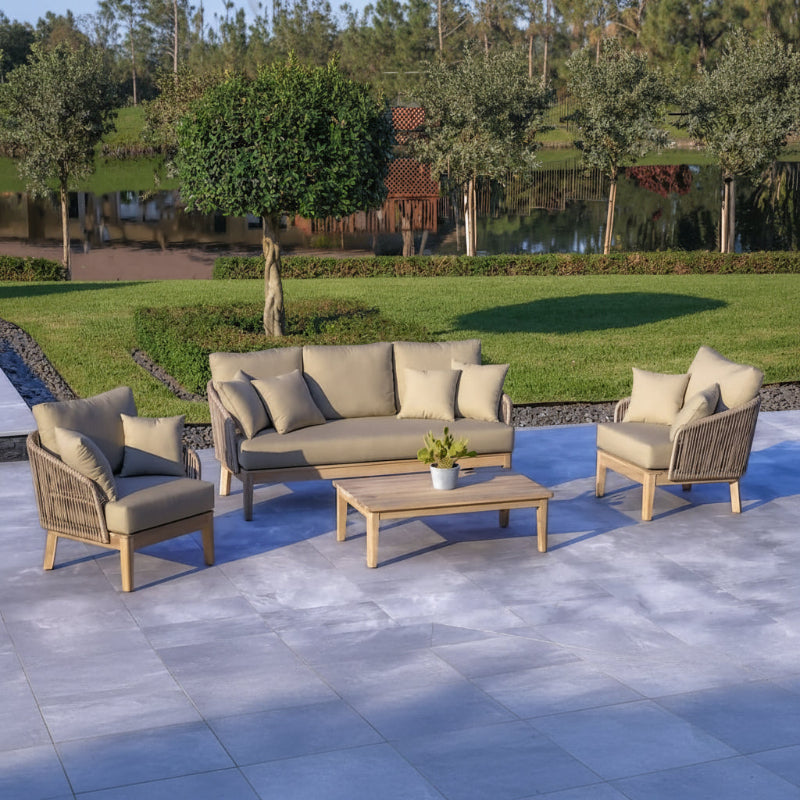 OUTSY Eve 4-Piece Outdoor and Backyard Wood, Aluminum and Rope Furniture Set