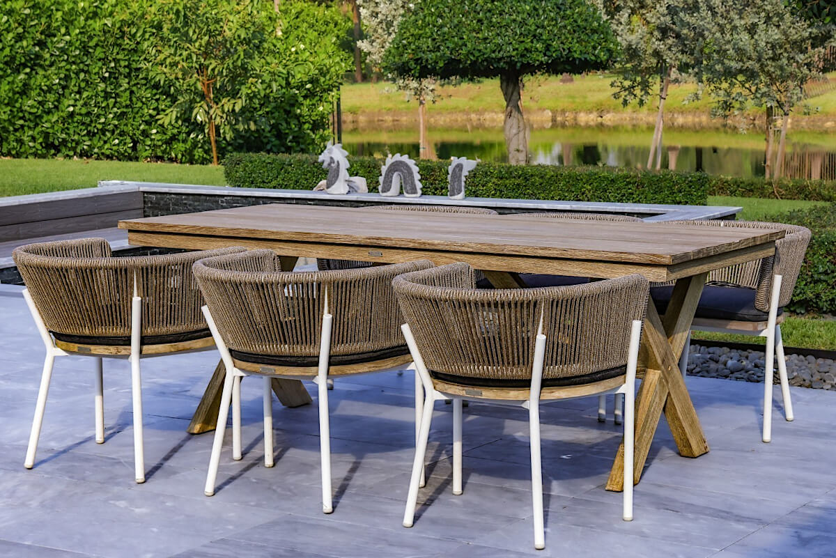 OUTSY Melina Outdoor Wood, Aluminum and Rope Dining Chair, White Legs (Set Of 2) - with rectangle table