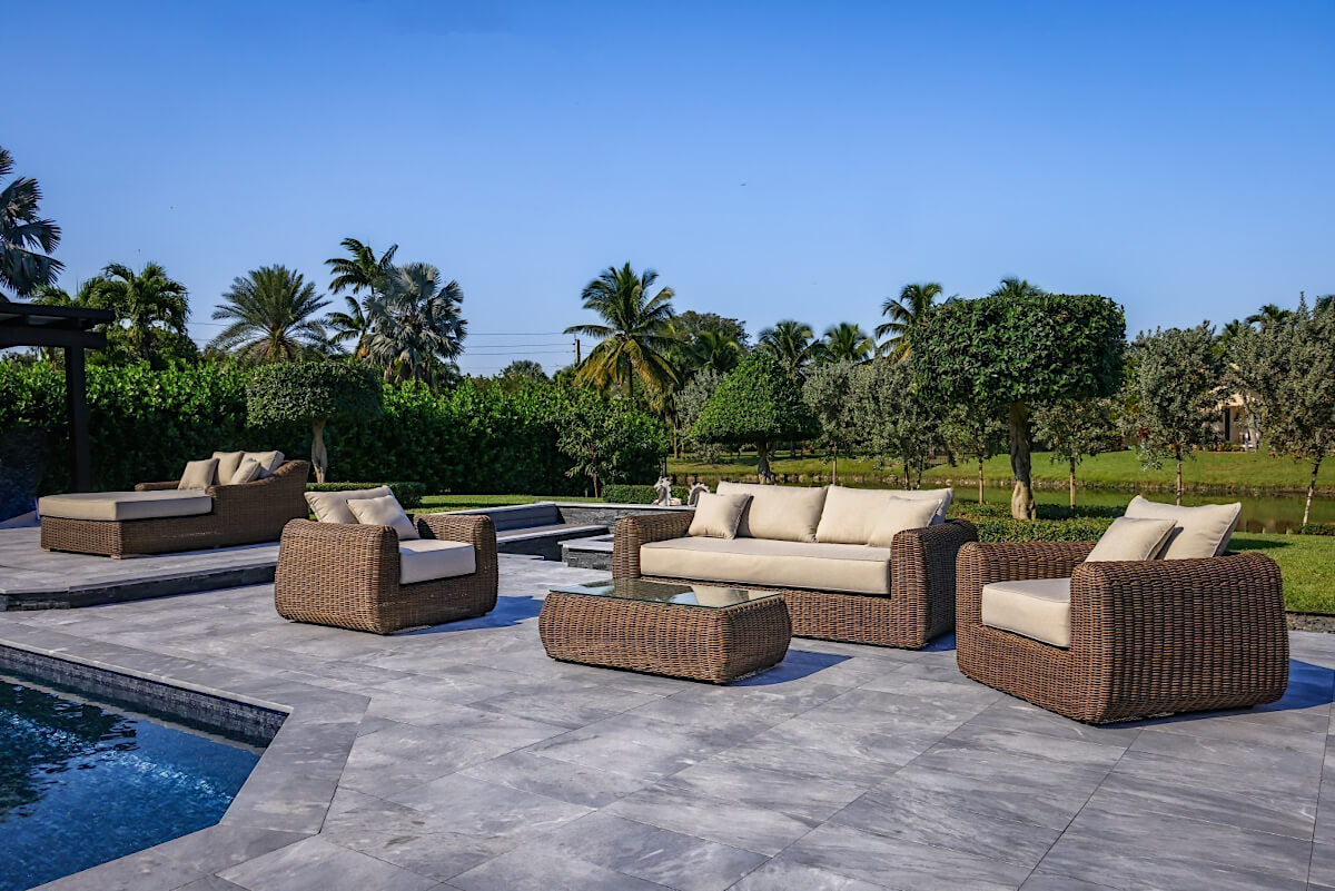 OUTSY Milo LUX 4-Piece Outdoor and Backyard Extra Deep Seating Wicker Aluminum Frame Furniture Set with Wicker Coffee Table in Brown - with XL sun lounger