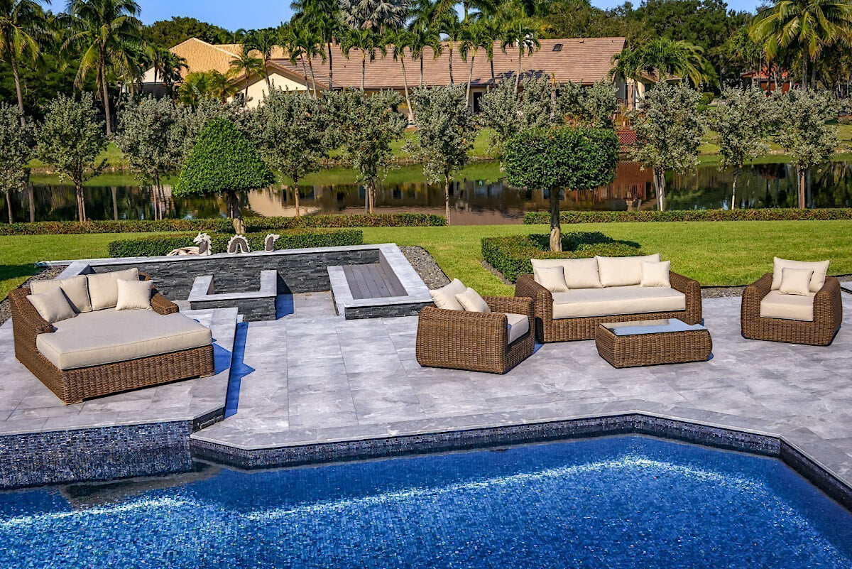 OUTSY Milo LUX 4-Piece Outdoor and Backyard Extra Deep Seating Wicker Aluminum Frame Furniture Set with Wicker Coffee Table in Brown - with XL sun lounger top view