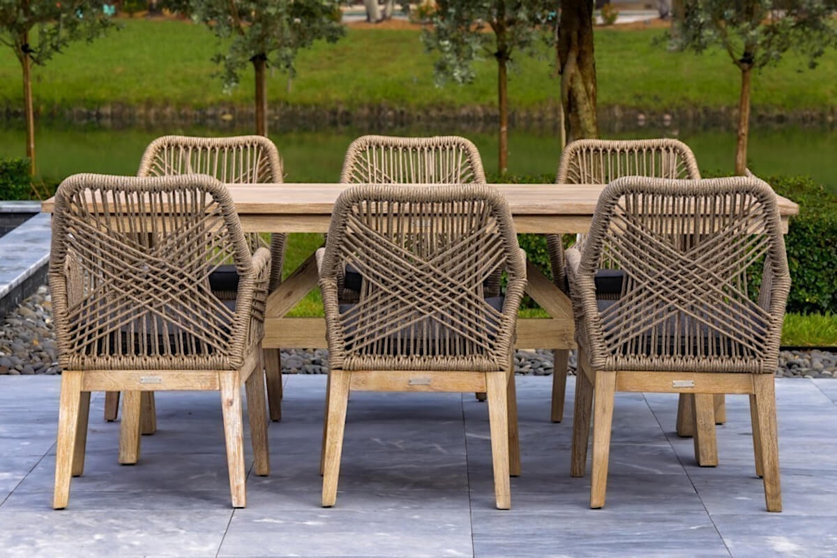 Outsy Santino 7-Piece Outdoor Dining Set - Wood Table with 6 Wood, Aluminum, and Rope Chairs - back view