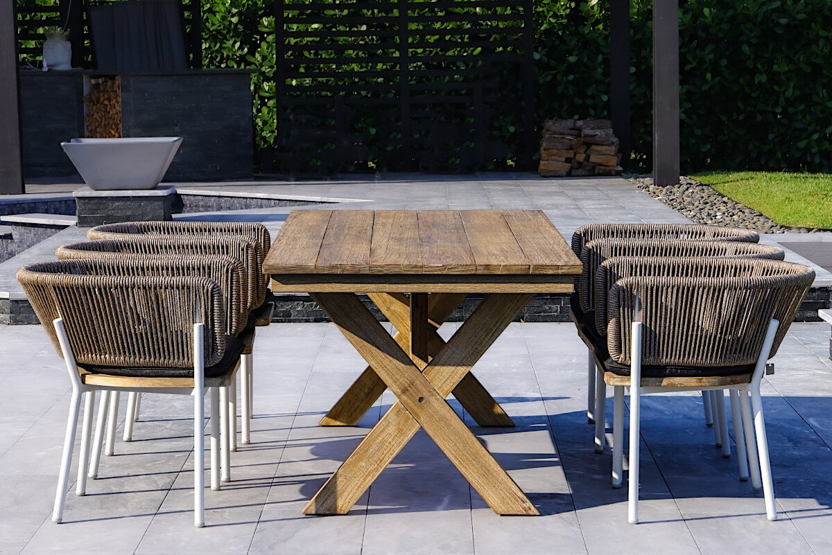 Outsy Santino + Melina 7-Piece Outdoor Dining Set - Wood Dining Table and 6 Wood, Aluminum, and Rope Chairs, White Legs - side view