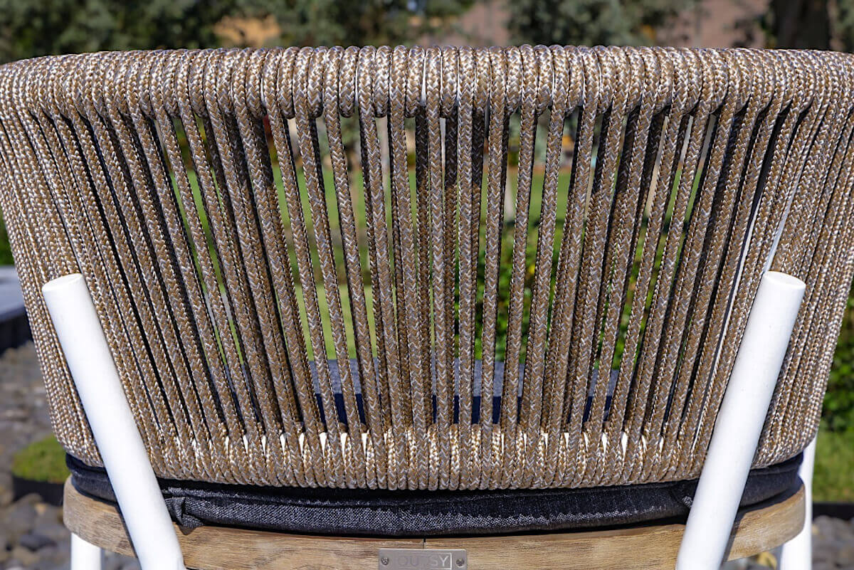 Outsy Santino + Melina 7-Piece Outdoor Dining Set - Wood Dining Table and 6 Wood, Aluminum, and Rope Chairs, White Legs - back of chair close up