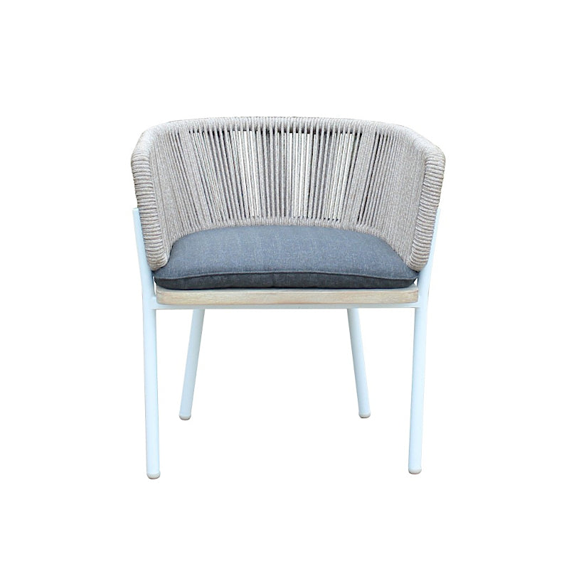 Outsy Santino + Melina 7-Piece Outdoor Dining Set - Wood Dining Table and 6 Wood, Aluminum, and Rope Chairs, White Legs - front view