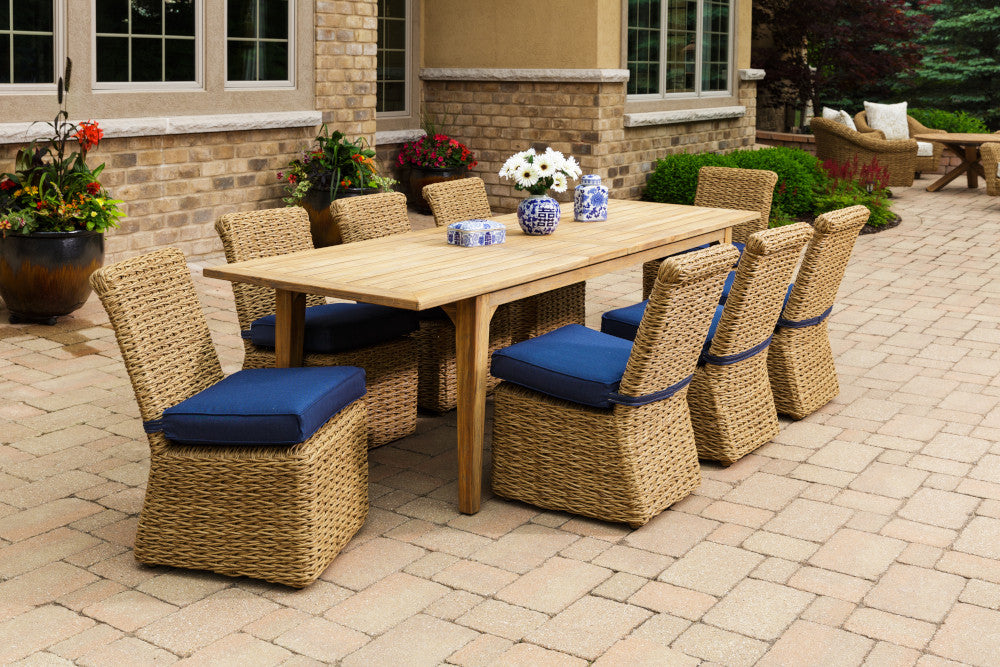 Lloyd Flanders Teak Outdoor 86–110" Double Butterfly Leaf Umbrella Dining Table