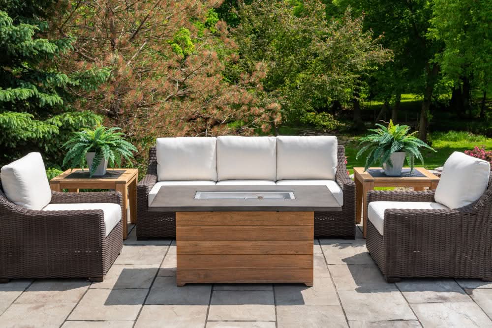 Lloyd Flanders Teak Outdoor 50" Rectangular Fire Table with Faux Concrete Top