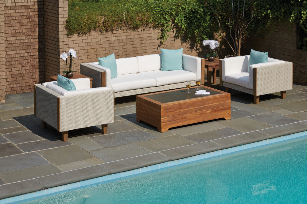 Lloyd Flanders Teak Outdoor 54" Cocktail Table with Faux Concrete Inset