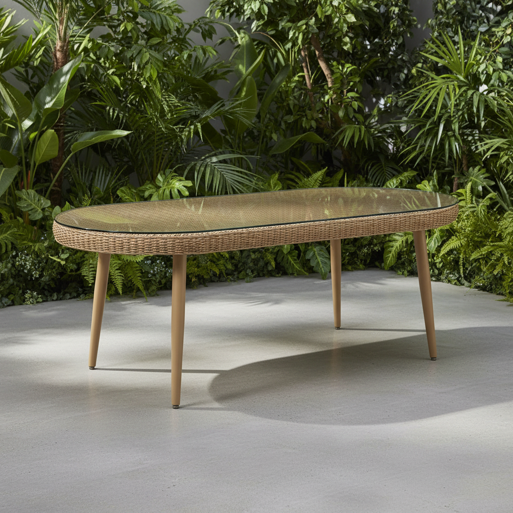 An oval wicker coffee table with a clear glass top and light wood legs, set on a concrete patio with lush green tropical foliage in the background.