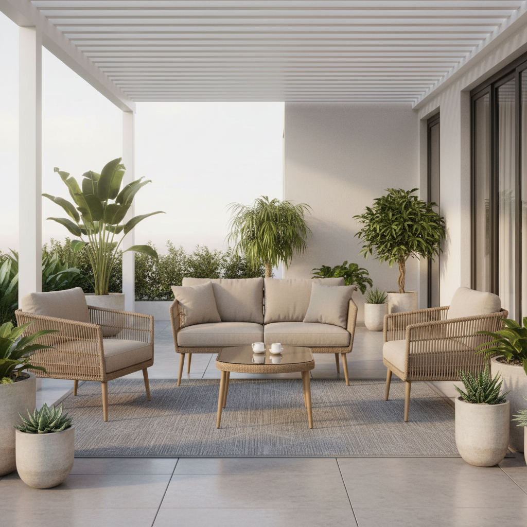 A modern outdoor patio furniture set featuring a beige sofa, two wicker armchairs, and an oval wooden cocktail table, arranged on a textured gray rug with potted plants and a white slatted ceiling.