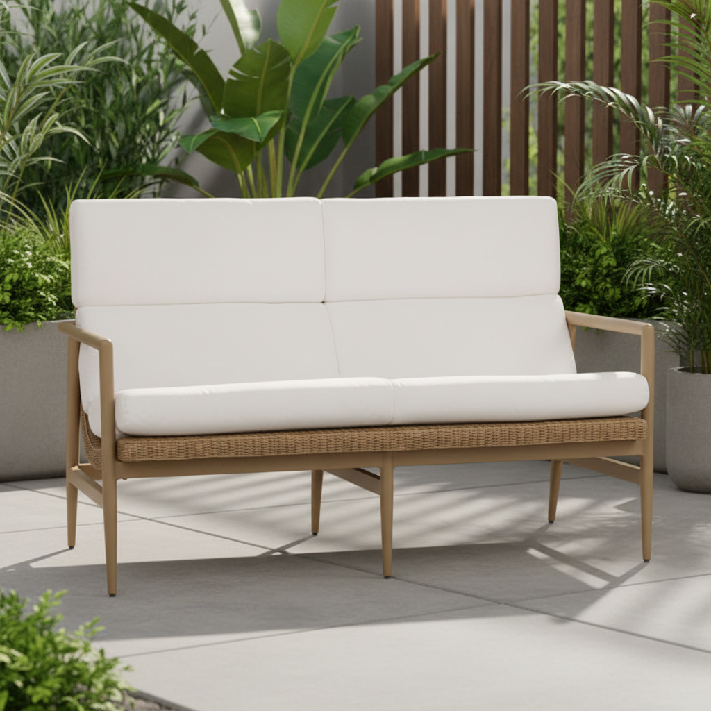 A two-seat outdoor loveseat with thick white cushions and a natural woven wicker-style seat, supported by a light wood frame, set on a patio surrounded by green plants.