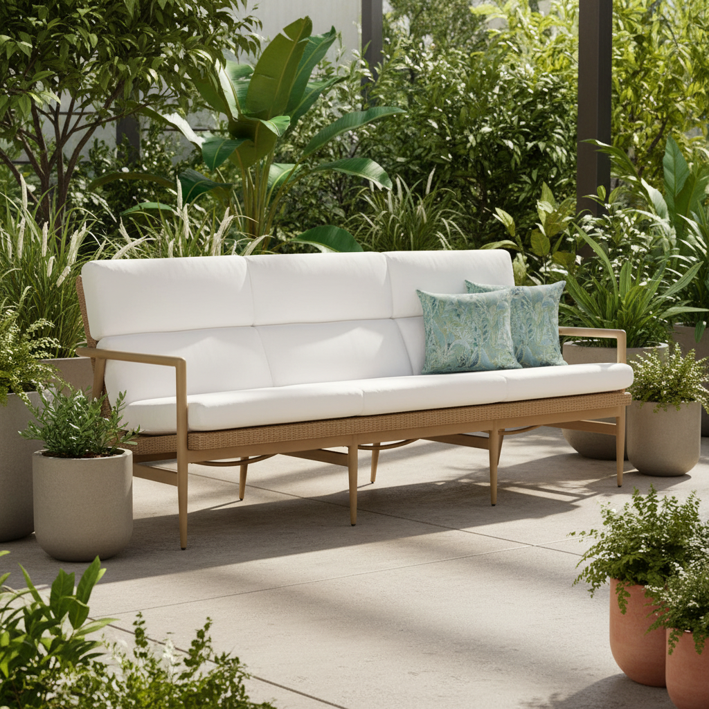 Outdoor patio sofa with white cushions and a light wood frame, styled with two blue-green patterned throw pillows in a lush garden setting.