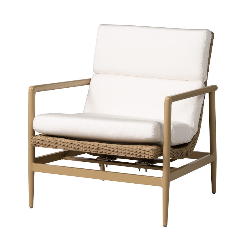 Beige outdoor chair with white cushions on a white background