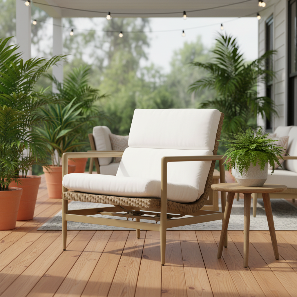A modern outdoor patio chair with a light wood frame, woven wicker seat, and thick white cushions, set on a wooden deck with a small side table and potted plants.