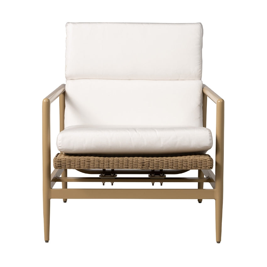 A modern outdoor lounge chair with a light beige frame, a woven wicker seat, and thick off-white cushions on a solid white background.