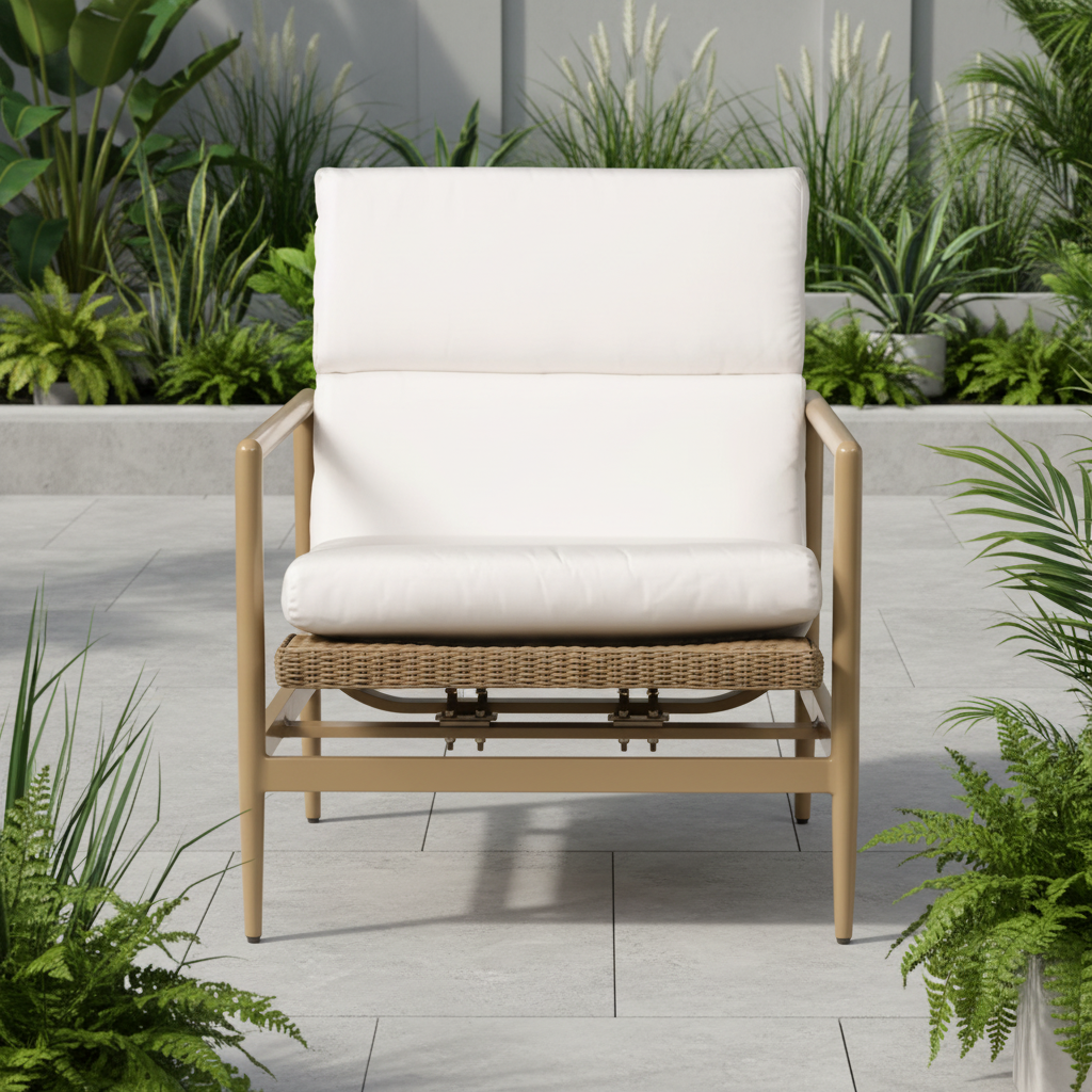 A modern outdoor lounge chair with a light beige wood frame, a woven wicker seat, and thick off-white cushions, set on a light gray tiled patio surrounded by lush green plants.