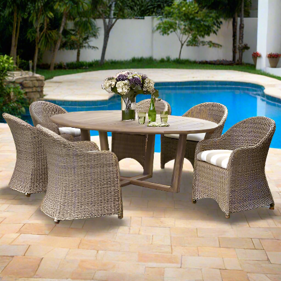 Lloyd Flanders Tobago 7 Piece Teak And Woven Vinyl Oval Dining  Set