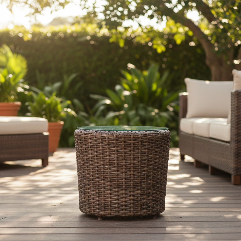 Lloyd Flanders Largo Woven Vinyl Outdoor 22" Round End Table With Glass