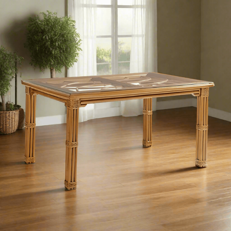 South Sea Rattan Antigua Rattan Indoor Rectangular Dining Table with Glass Included