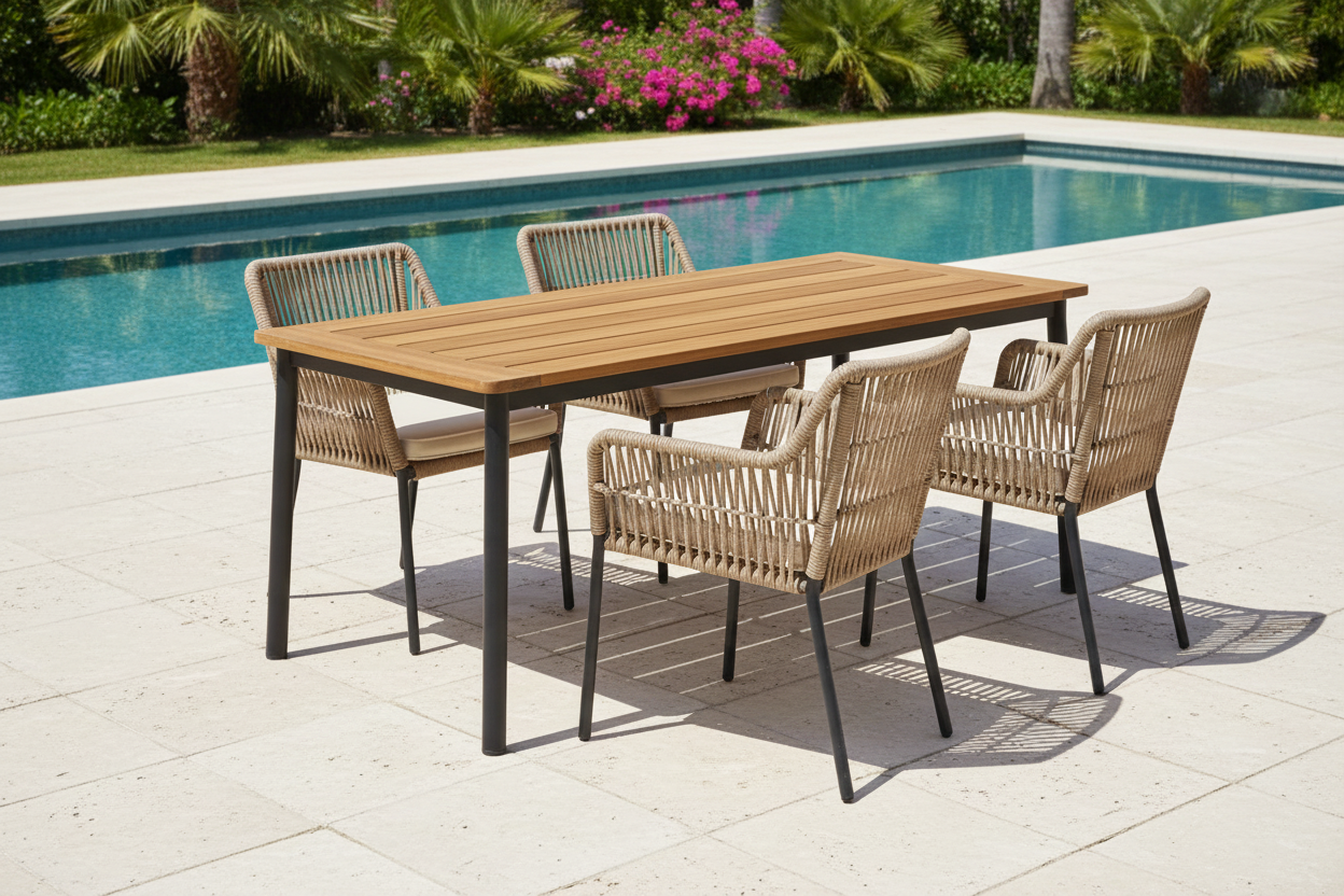 Alfresco Home Meridian Teak Outdoor Dining Table 71″ Rectangular with Umbrella Hole