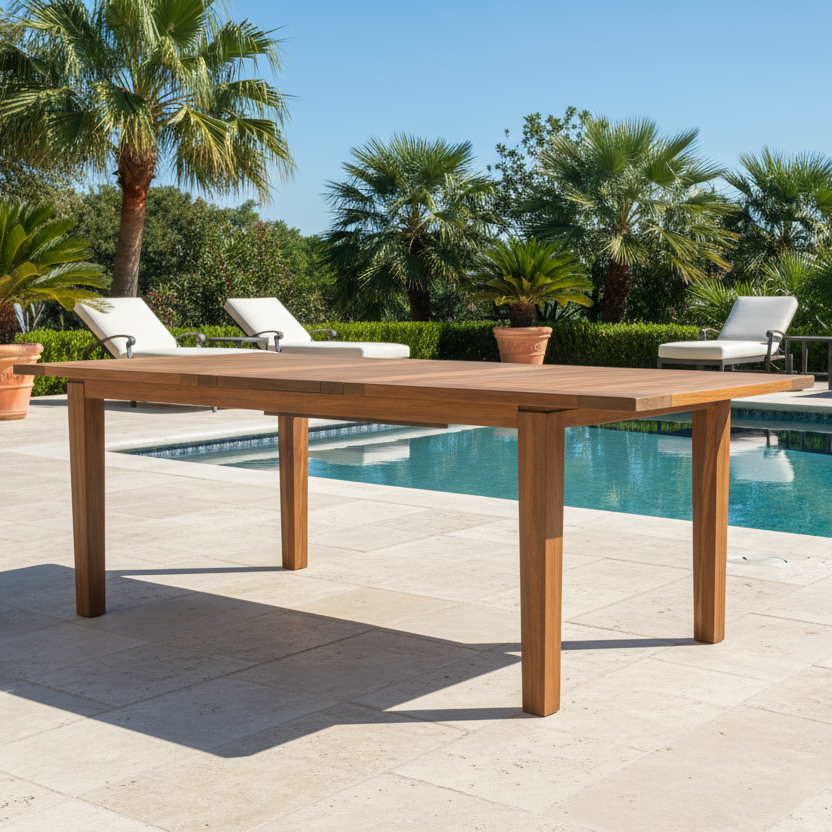 Lloyd Flanders Teak Outdoor 63–84" Butterfly Leaf Umbrella Dining Table