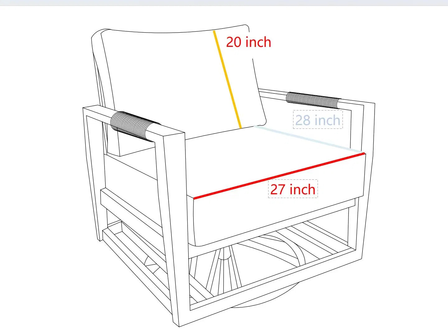 A line drawing of an outdoor swivel glider chair with dimension annotations showing a backrest height of 20 inch, seat width of 27 inch, and armrest depth of 28 inch.