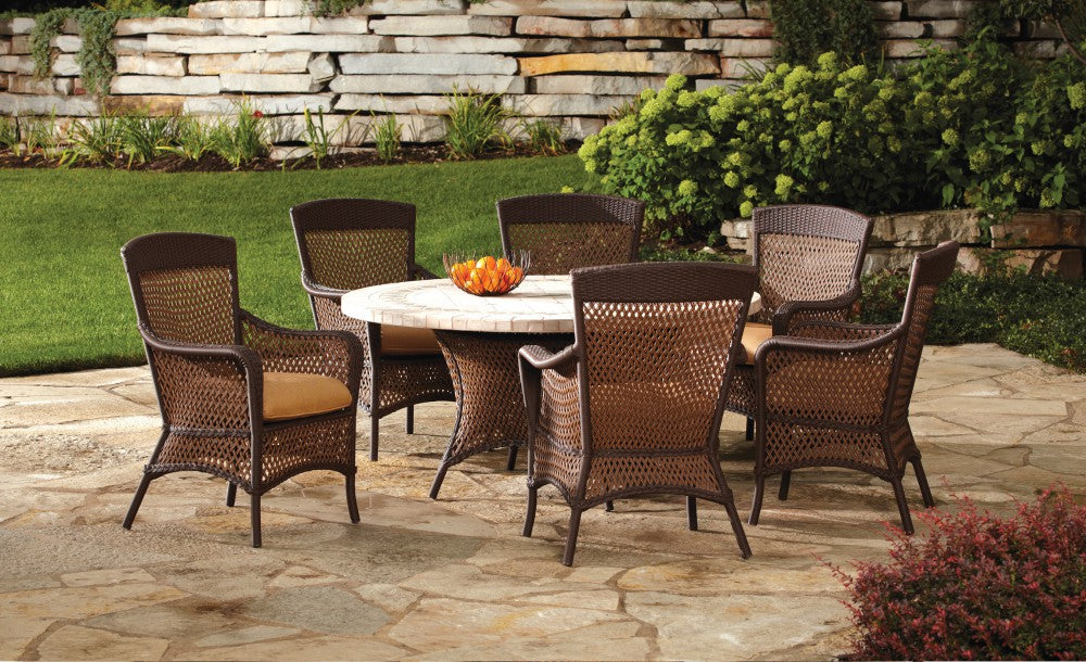 Lloyd Flanders Grand Traverse Wicker Outdoor 60" Round Umbrella Dining Table with Lay-On Glass