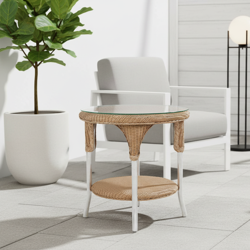 Lloyd Flanders Loom Wicker Outdoor 24" Round End Table with Partial Apron