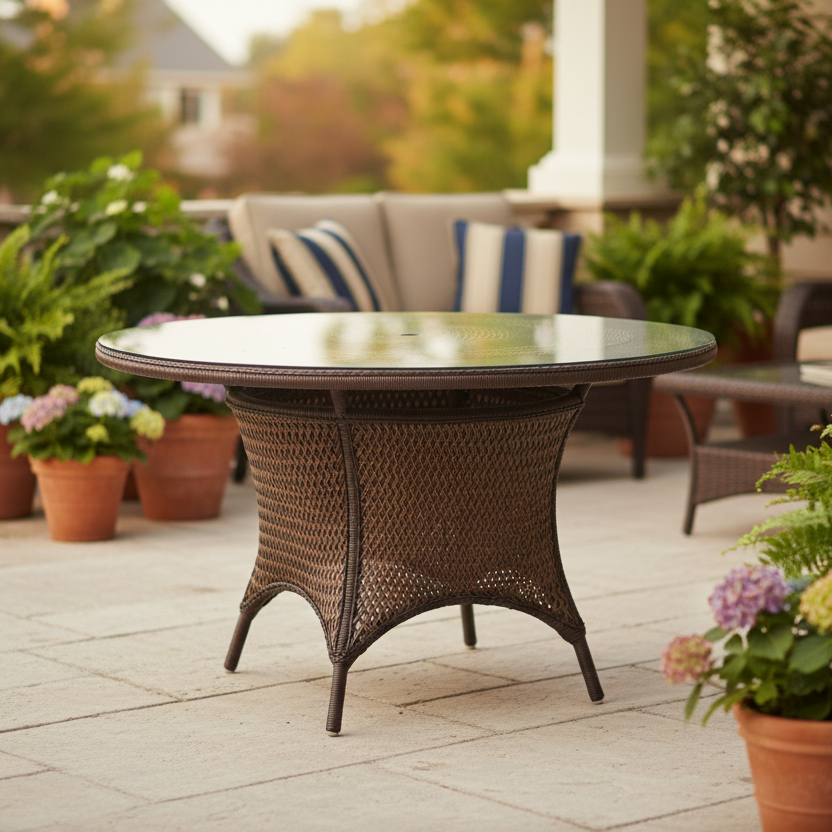 Lloyd Flanders Grand Traverse Wicker Outdoor 48" Round Umbrella Dining Table with Lay-On Glass