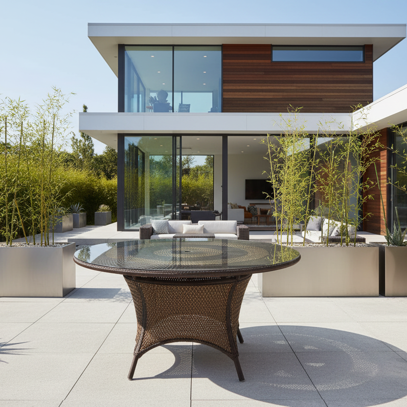 Lloyd Flanders Grand Traverse Wicker Outdoor 60" Round Umbrella Dining Table with Lay-On Glass