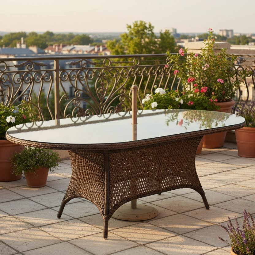 Lloyd Flanders Grand Traverse Wicker Outdoor 84" Oval Umbrella Dining Table with Lay-On Glass