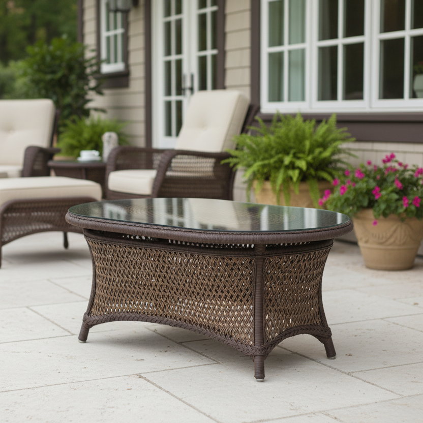 Lloyd Flanders Grand Traverse Wicker Outdoor 43" Oval Cocktail Table with Lay‑On Glass