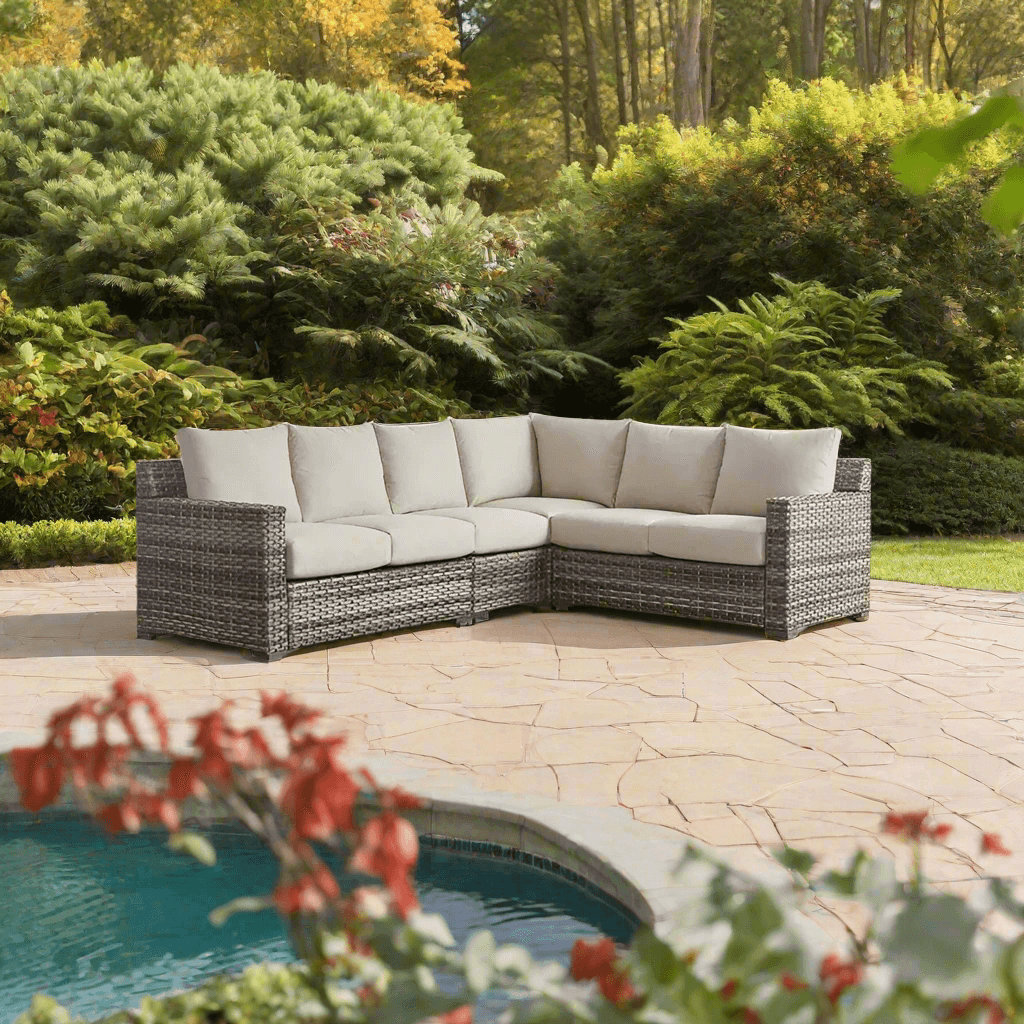 South Sea Rattan New Java Resin Wicker 4 Piece Outdoor Square Corner Sectional Sofa