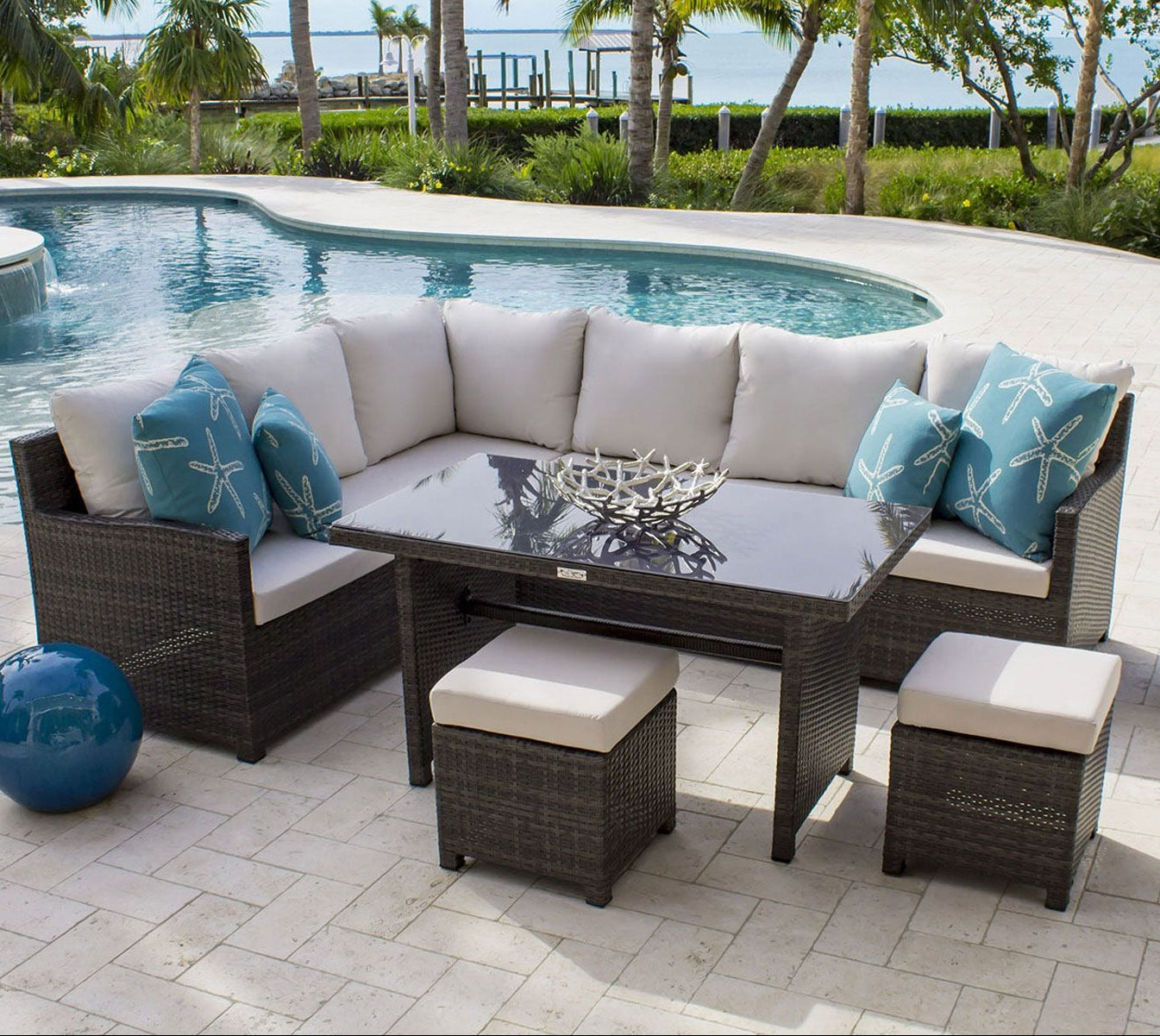 Hospitality Rattan Spectrum Wicker Outdoor 6-Person Sectional Lounge Set with Cushions
