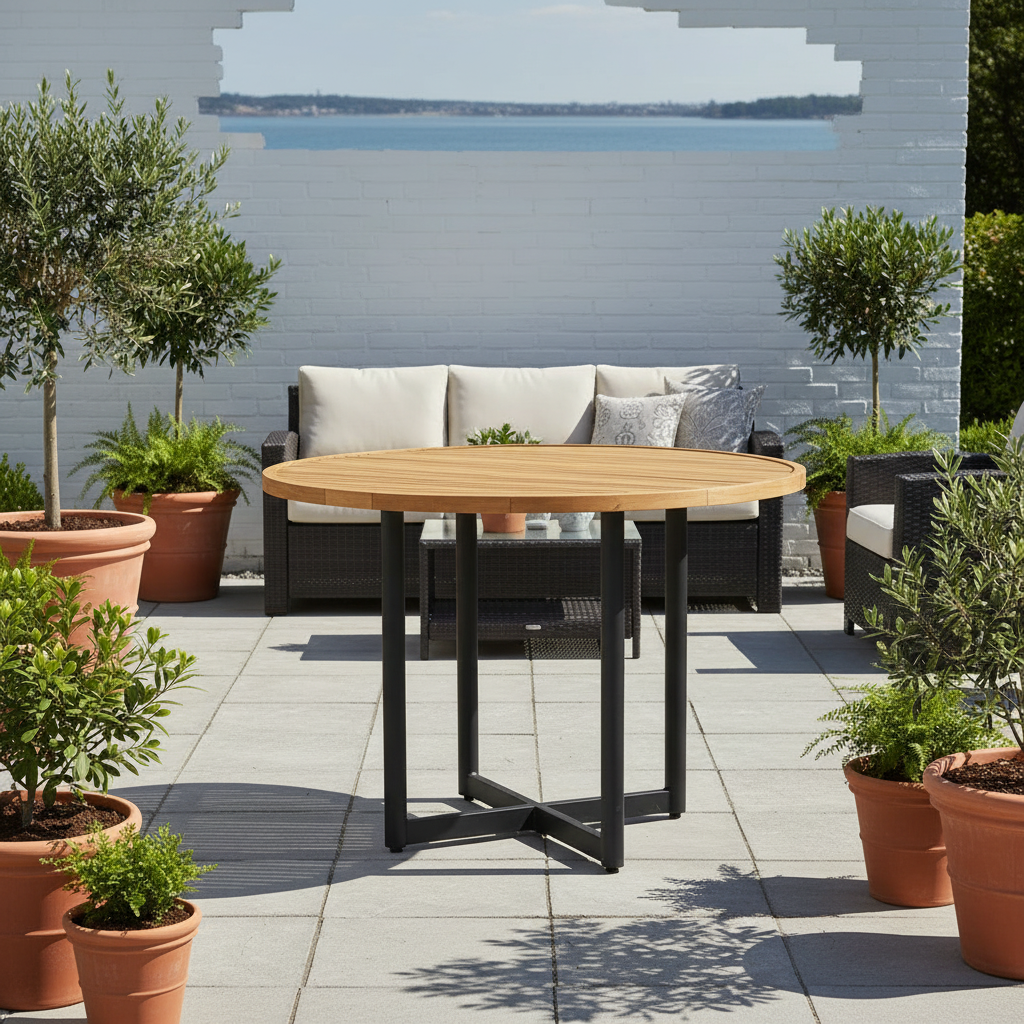 Alfresco Home Jakarta Teak Aluminum Outdoor 47" Round Dining Table with Umbrella Hole