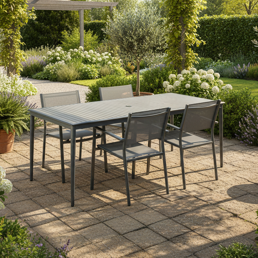 Alfresco Home Oden Dark Gray All-Weather HDPE Outdoor Rectangular Dining Table with Umbrella Hole