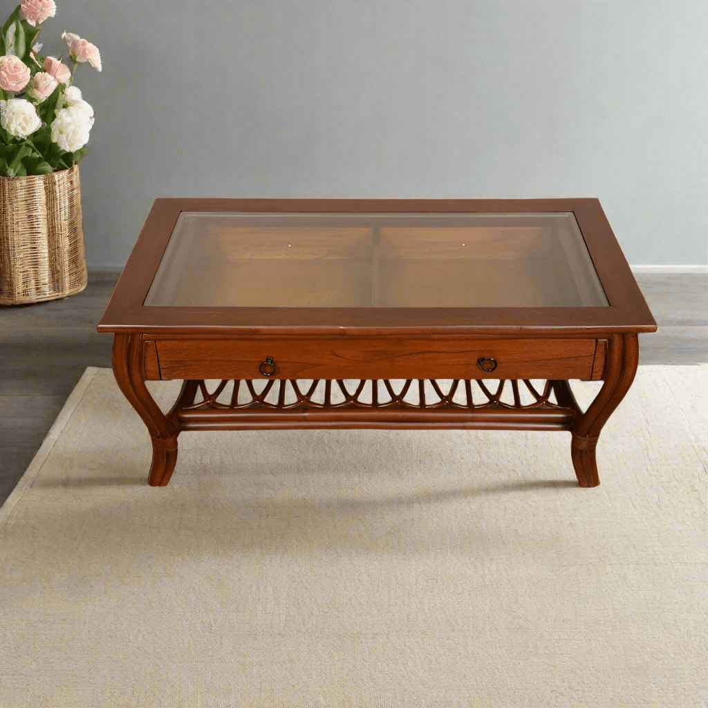 Alexander & Sheridan Cuba Rattan Indoor Sofa Table With Glass And Drawer