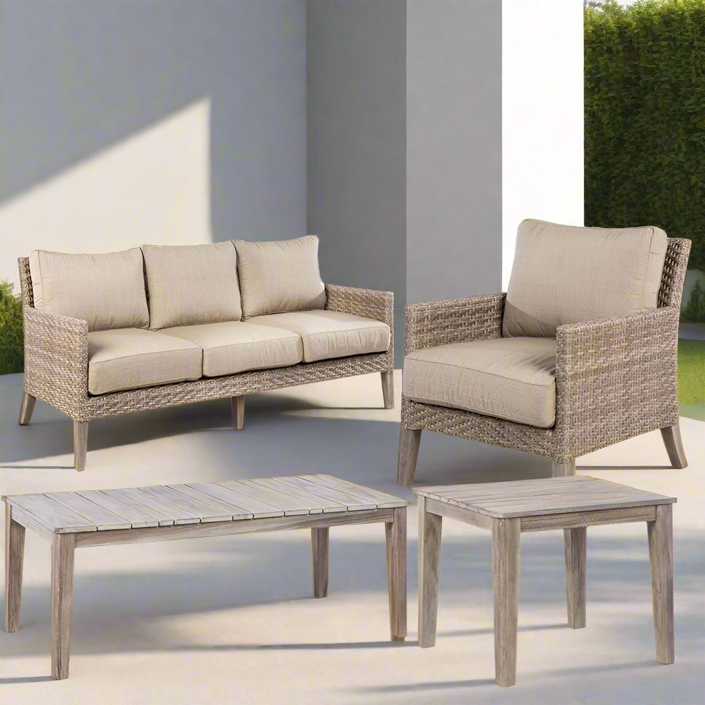 Alfresco Home Cornwall Woven Wood Deep Seating Conversation Set w/ Taupe Cushions
