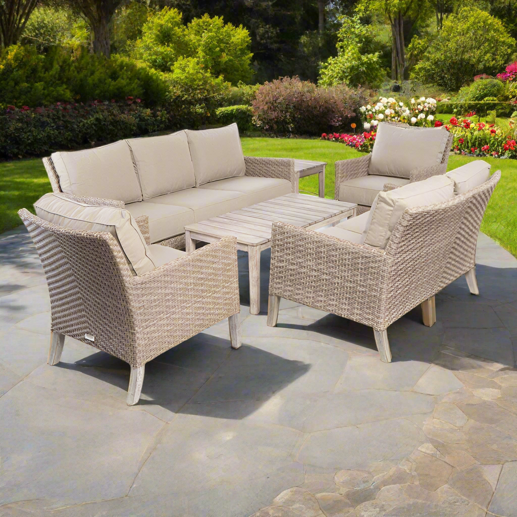 Alfresco Home Cornwall Woven Wood Deep Seating Conversation Set w/ Taupe Cushions