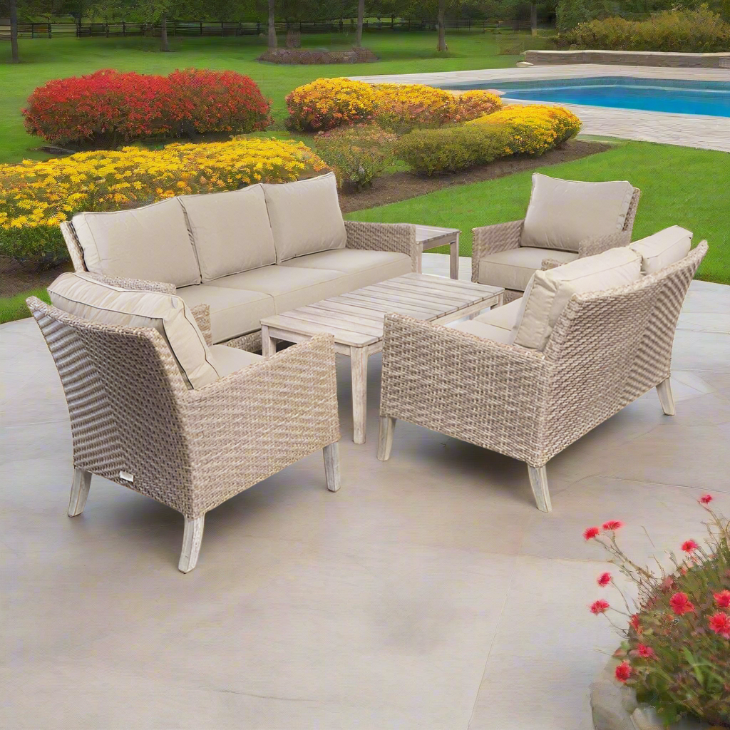 Alfresco Home Cornwall Woven Wood Deep Seating Conversation Set w/ Taupe Cushions