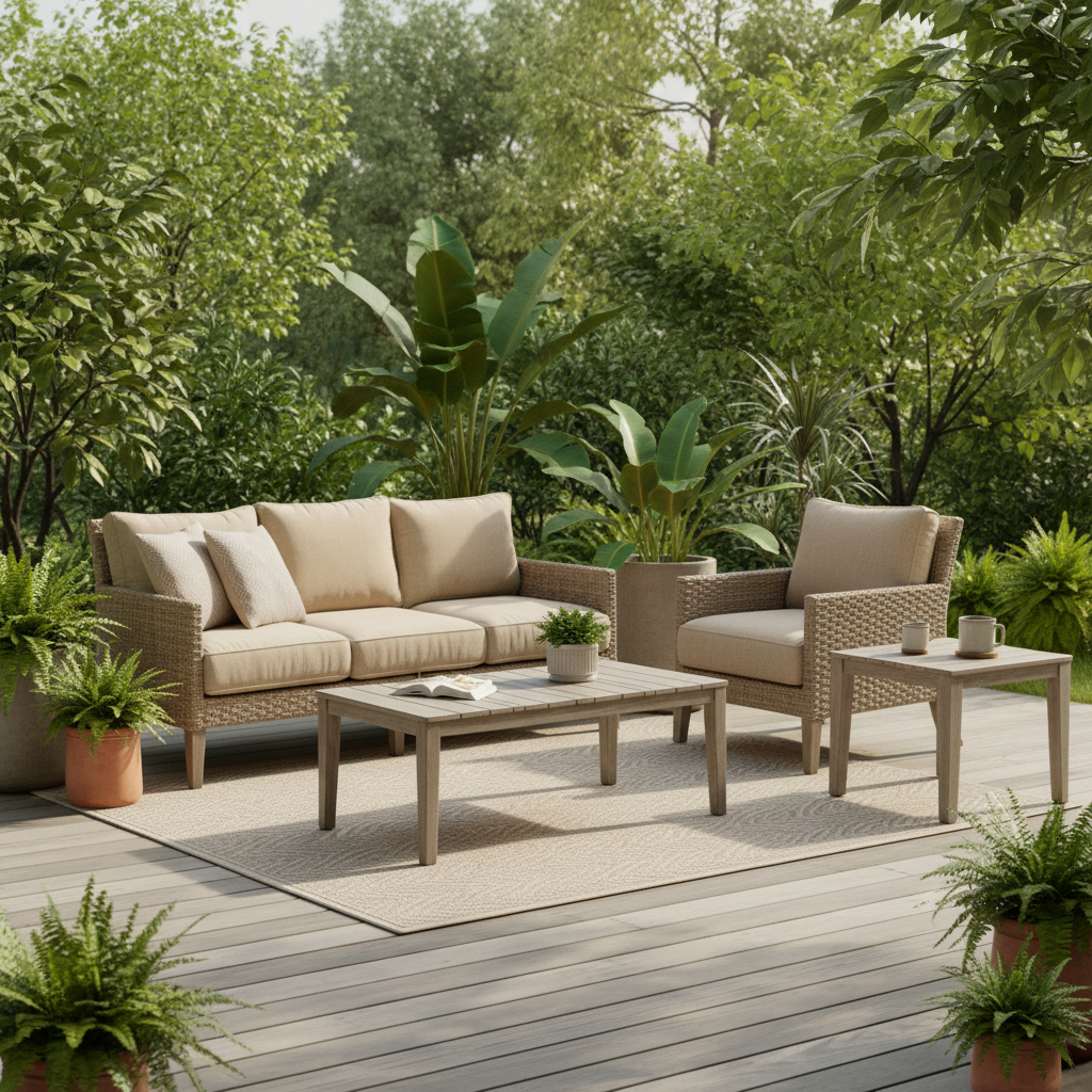 Alfresco Home Cornwall Woven Wood Outdoor 4-Person Deep Seating Conversation Set with Cushions