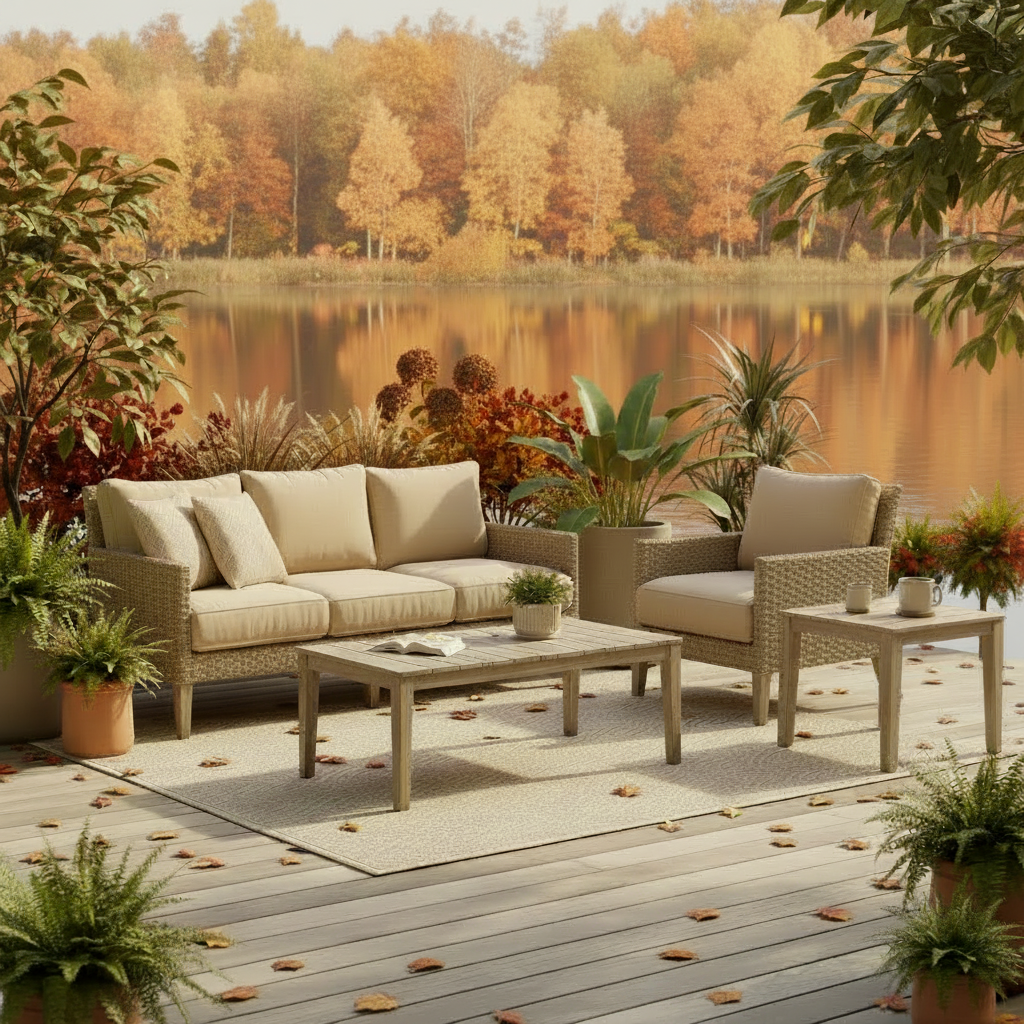 Alfresco Home Cornwall Woven Wood Outdoor 4-Person Deep Seating Conversation Set with Cushions