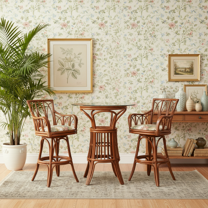 Alexander & Sheridan Cuba Rattan Indoor 2-Person Pub Set with Arms and Cushions