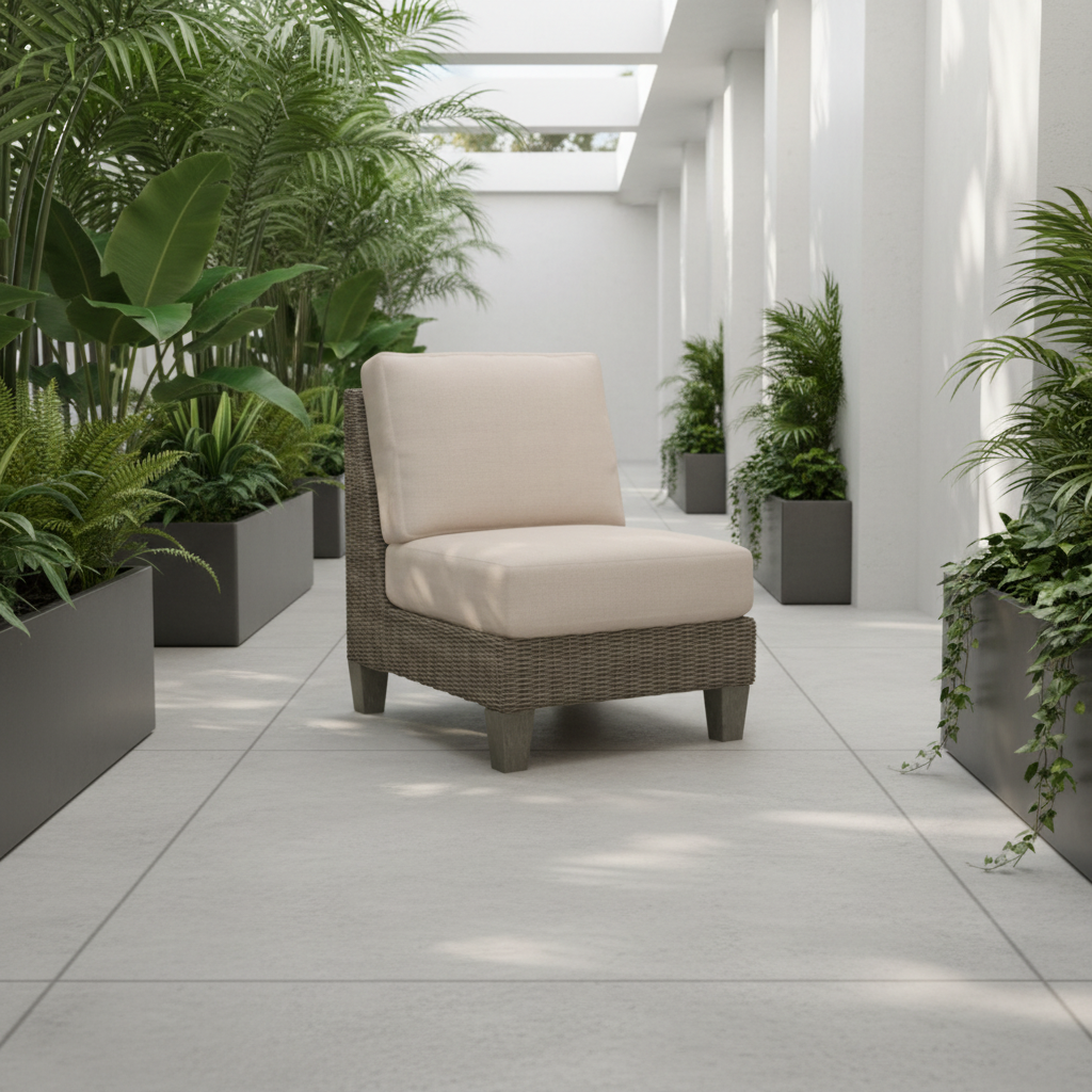 South Sea Rattan Timberline Wicker Outdoor Armless Chair on a modern outdoor hall