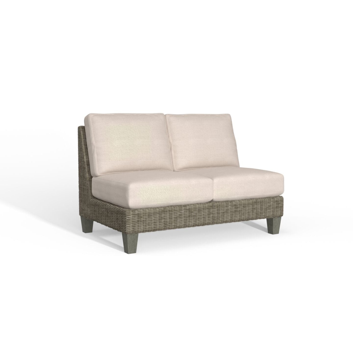 A two-seat outdoor sofa with light beige cushions and a textured gray-brown woven frame, shown on a plain white background.