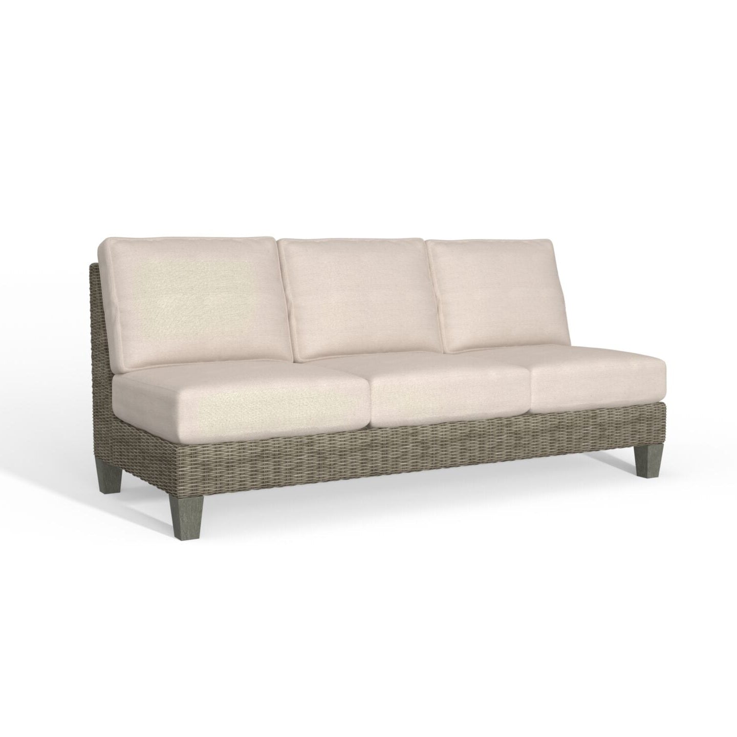 A three-seat outdoor sofa with light beige cushions and a woven gray-brown frame, shown on a plain white background.