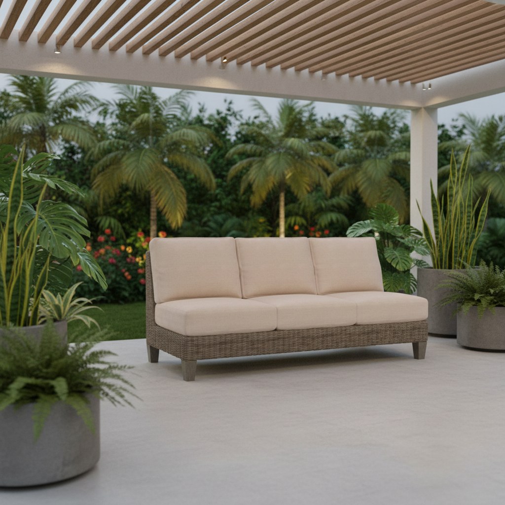 A three-seat outdoor sofa with light beige cushions and a woven gray-brown frame, shown on a modern outdoor sala