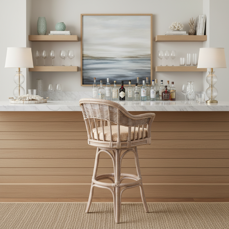 Alexander & Sheridan Bridgeport Natural Rattan Indoor 24" Bar Stool with Cushion