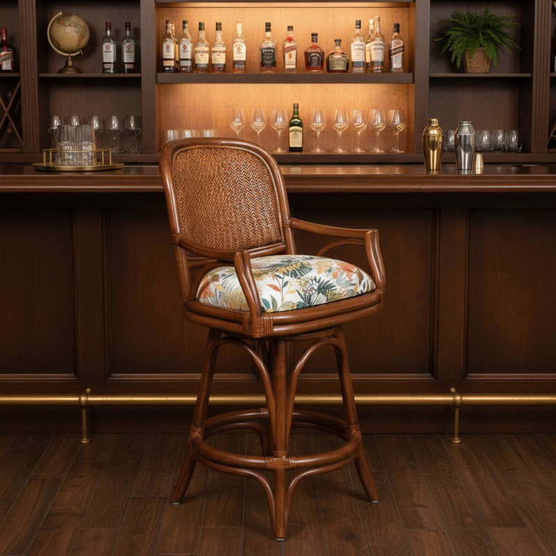 Alexander & Sheridan Cayman 24" Rattan Indoor Bar Stool with Arms and Cushion