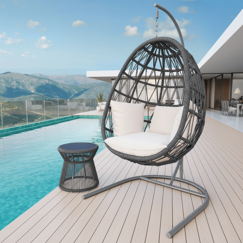 Sunset West Milano Aluminum and Rope Outdoor Hanging Chair and End Table Set